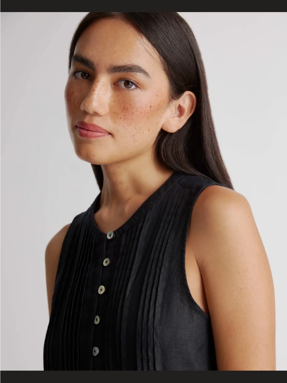 Quince Black Sleeveless Pintuck Button-Front Mini Dress - Picture 3 of 13